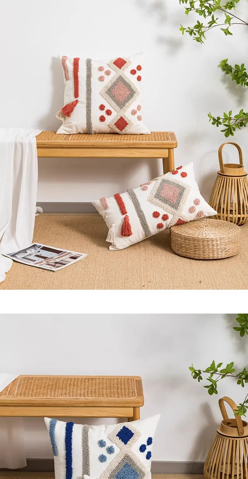 Boho Loop Tufted Kissenbezug, Baumwoll-Canvas, handgefertigter Quasten-Kissenbezug, dekorativer ethnischer bestickter Home-Decor-Kissenbezug – Detail 11