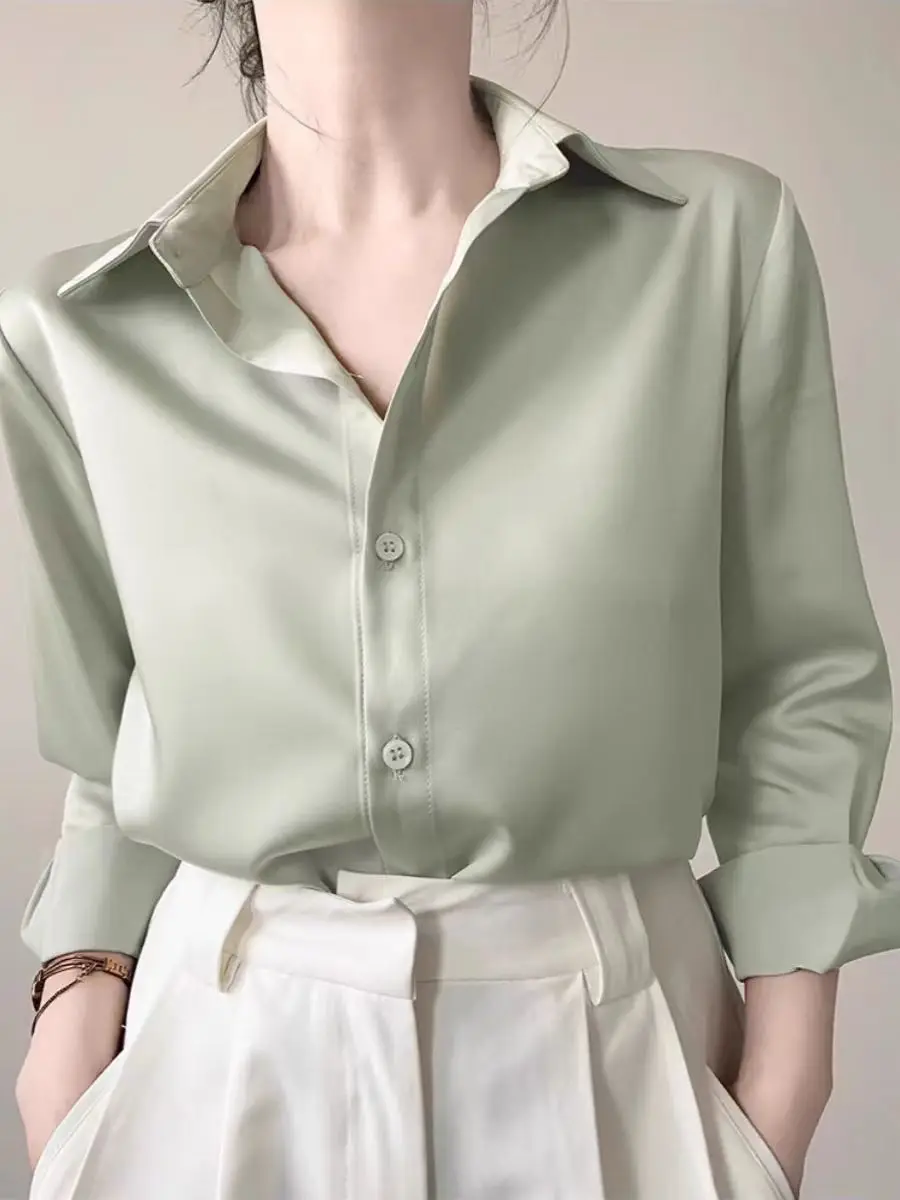 Camisas de cetim femininas simples primavera fina nova cor sólida manga longa sentido avançado topo escritório elegante senhoras trabalho wear moda