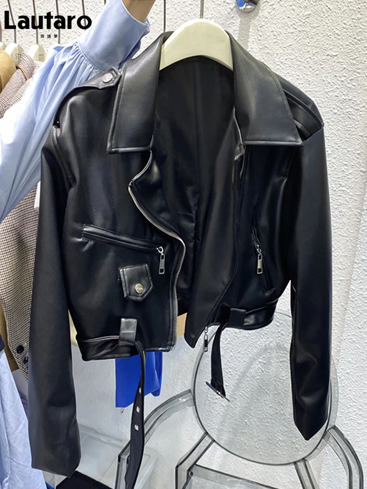 Lautaro-Veste de Motard Courte en Cuir PU Souple pour Femme, Blouson Bleu à Manches sulfavec Fermeture Éclair et Ceinture, Vêtements de Luxe Cool de