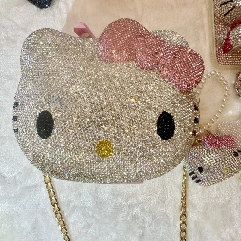 Sanrio Cute Cartoon Hello Kitty Diamond Bag Fashion Girl Messenger Bag Handmade Diamond Inlaid Handbag Decor Girl Exquisite Gift