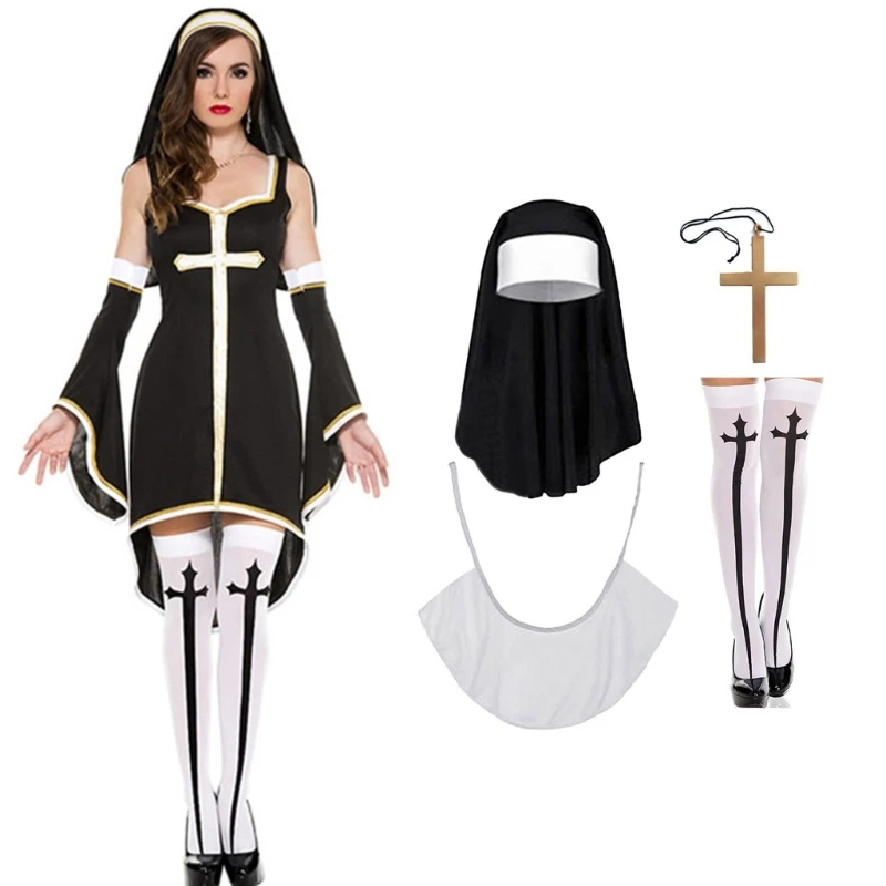 Nun Costume Set,Nun Hat,Nun Collar,Cross Pendent Necklace,Thigh High Socks for Halloween Cosplay Carnival Theme Party