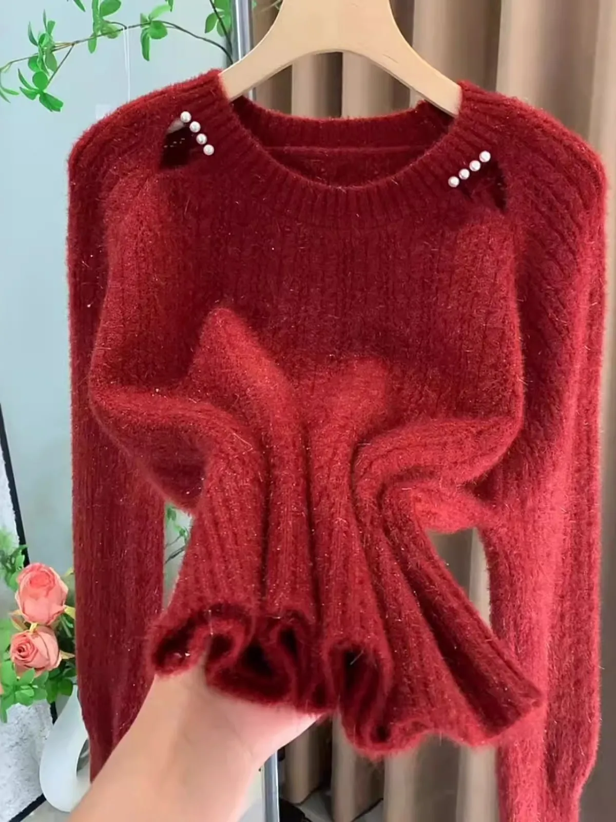 

iny Tead вязаный свитер женский свободный ленивый слэ осень-зима элитный вязаный свитер с бусинами irt Design Sense Overhead