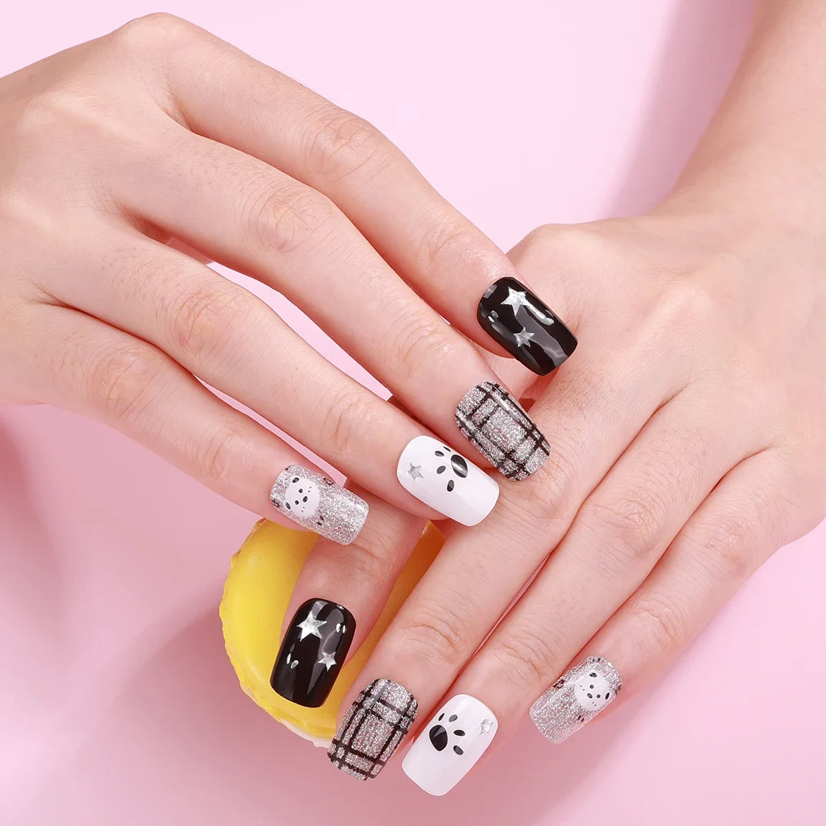 Bandes pour ongles en Gel à paillettes, 22 pointes, couverture complète sans cuisson, Plaid, nœud papillon, étoile, autocollants pour ongles, décoration de manucure à faire soi-même, Y2K