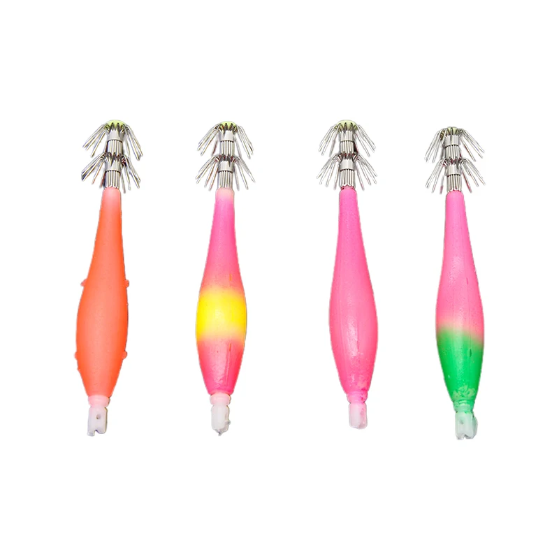 4Pcs 9cm/3.54inch Luminous Blowing Tube Octopus Jig Hook Wood Shrimp Bait Squid Hook Cloth Roll Sea Fishing Explosion Hook