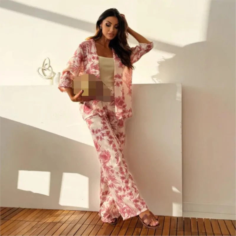Fashion Printed Women Clothing Casual Seven Quarter Sleeve+wide Leg Pants Two-piece Set Autumn Cardigan Casual Pocket Pants Set