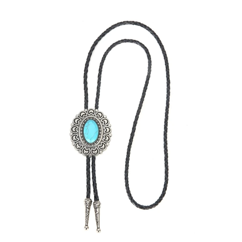 Moon Edge Stone Pendant Western Bolo Tie Artificial Leather Rope Necktie Necklace Shirt Collar Chain Jewelry Neckwear