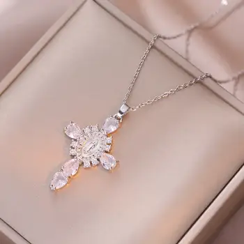 粉紅色水晶白色鋯石十字吊墜項鍊,男女皆宜,復古金色銀色不銹鋼鏈條,珠寶禮品 8 最佳銷售 鋯石項鍊 - №8