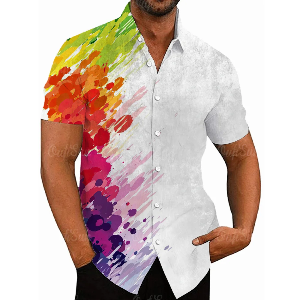 Camisas hawaianas con estampado 3D de arcoíris para hombre, ropa de calle informal de manga corta con botón de solapa, ropa Social Floral Vintage,