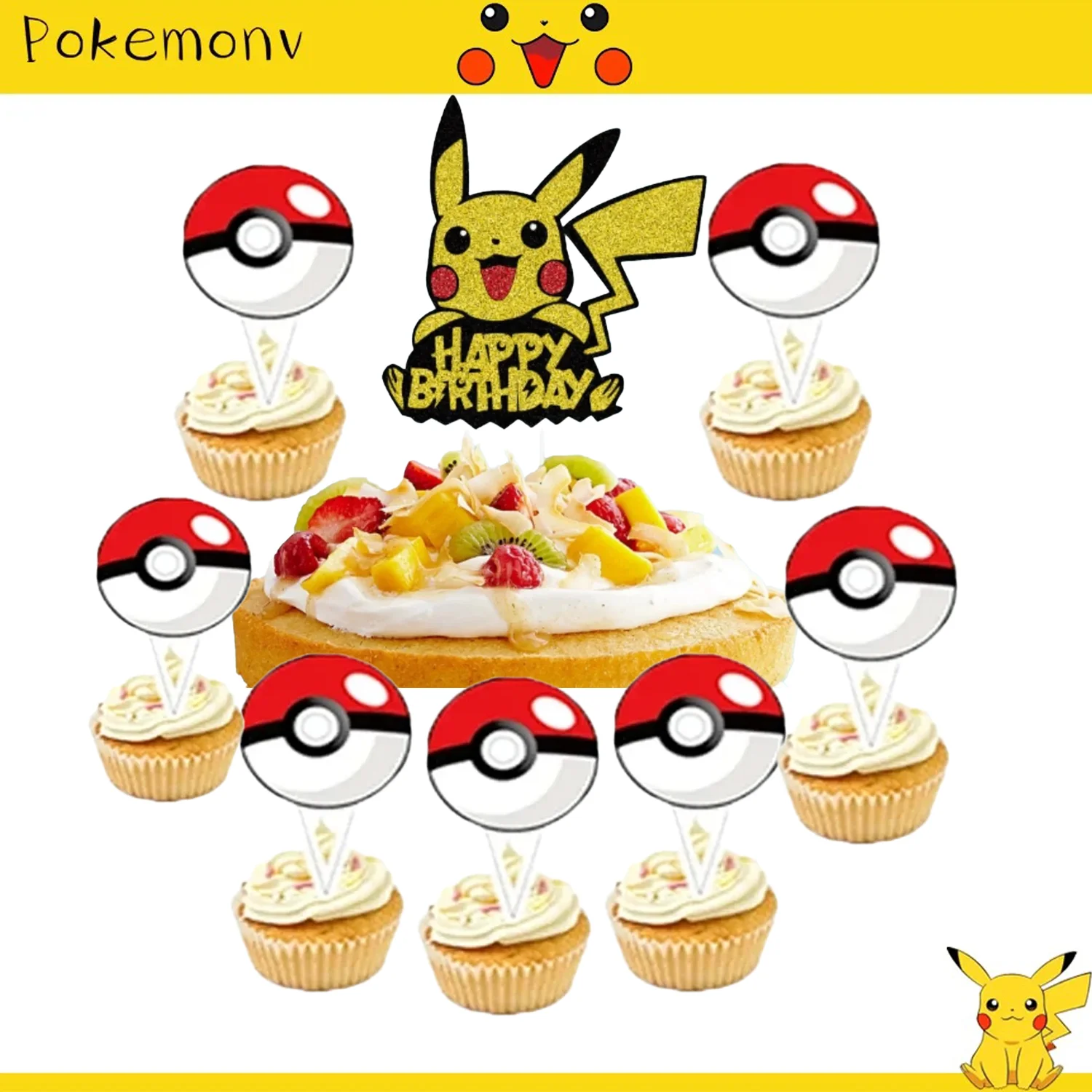 Pokemon Cupcake Happy Birthday Acrylic Party Decor Pikachu Cake Decor Flag Baby Shower Baking DIY Supplies Kids Favors Discount