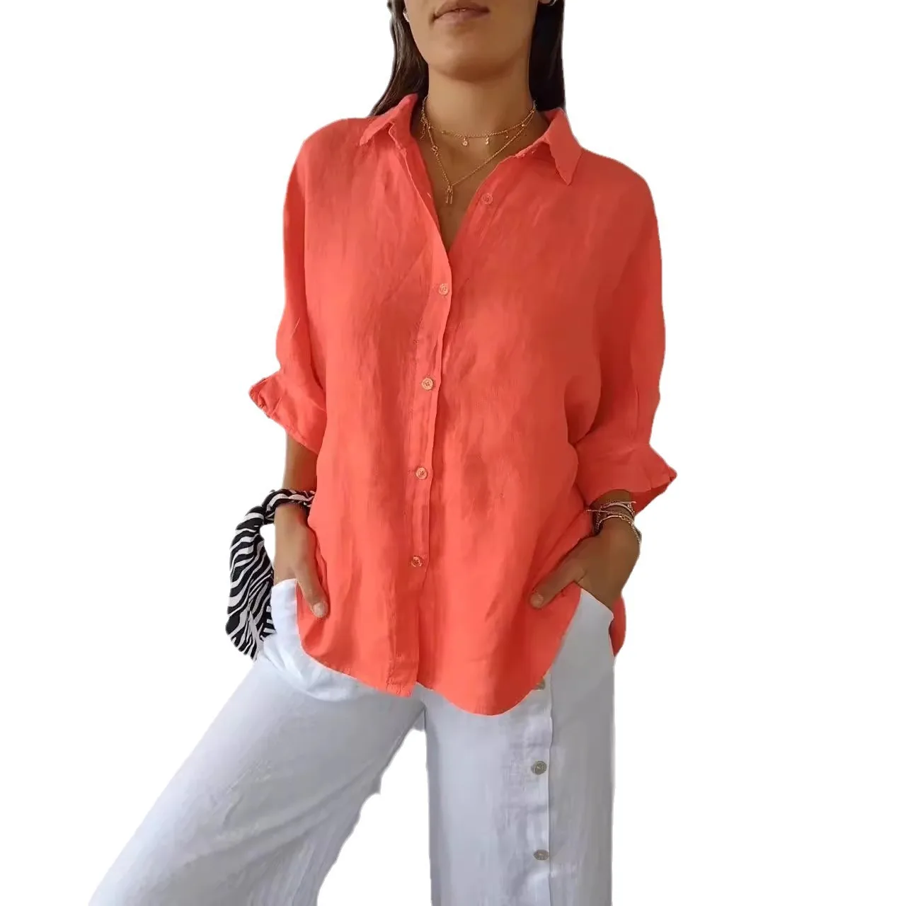 

Новая повседневная рубашка на пуговицах, женская летняя свободная однотонная солнцезащитная рубашка на шнуровке для женщин, дышащий топ с длинными рукавами и лацканами