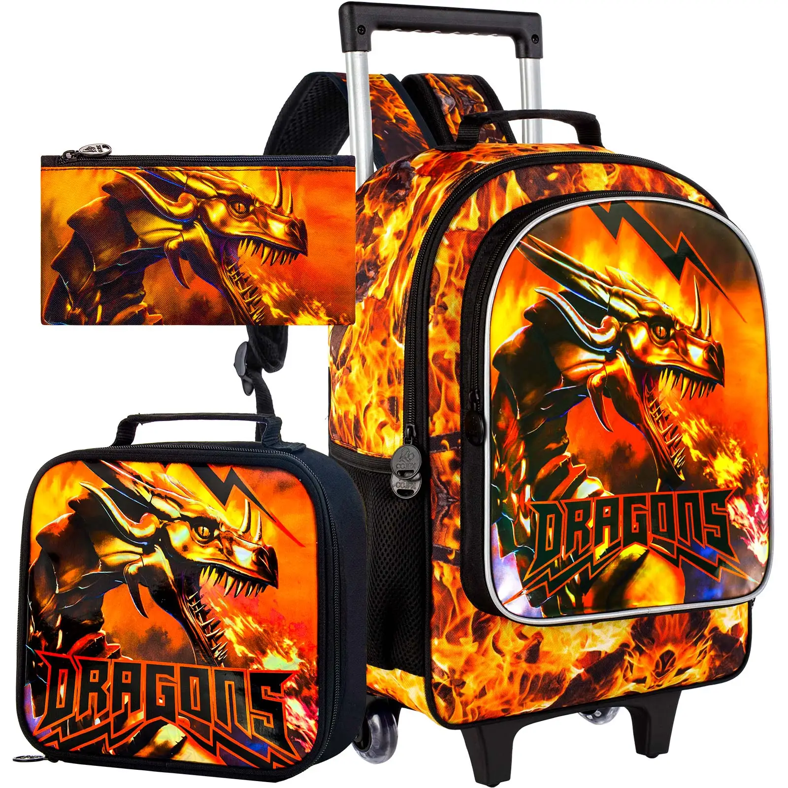 

3PCS Rolling Backpack for Boys, Kids Roller Bookbag with Wheels, Dragon Wheeled School Backpack for Elementary Preschool