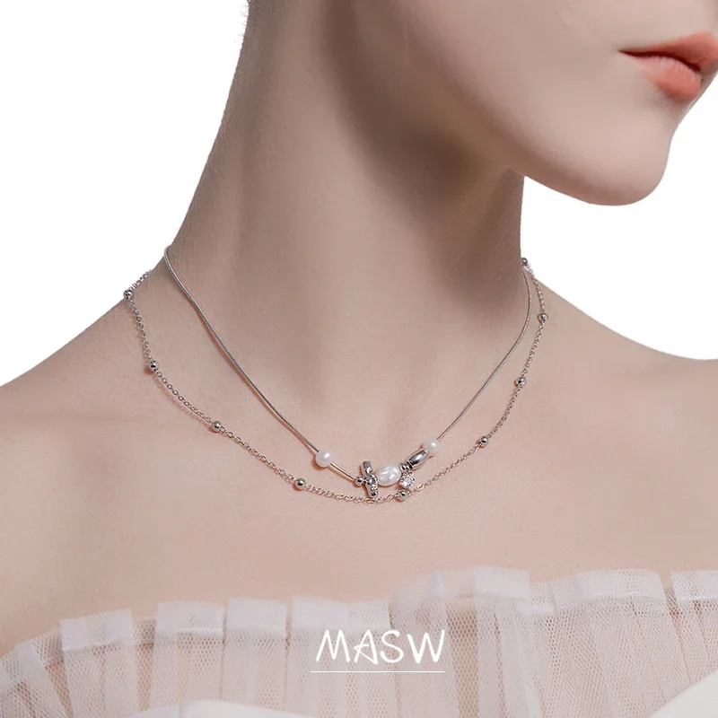 

MASW Original Design Irregular Pendant Necklace 2024 Trend High Quality Glass Pearl Two Layer Short Chain Necklace For Women