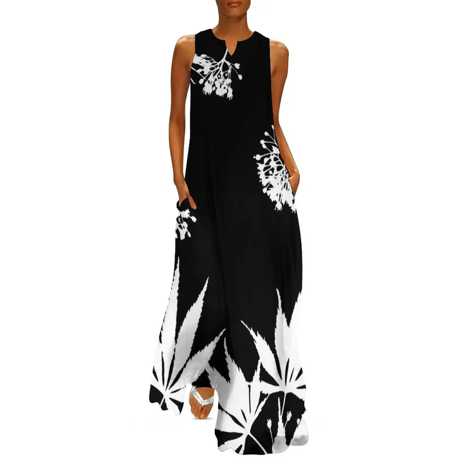 

Japanese Maple Tree Leaf Stripes, Black and White Color Long Dress luxury woman party dress Dress woman summer clothes