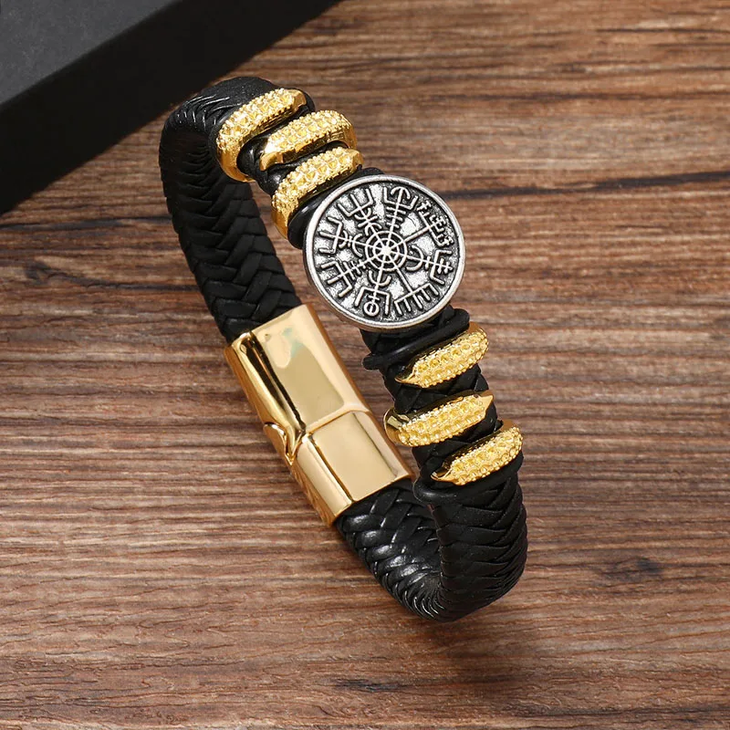 New Men's Vintage Viking Leather Bracelet Braided PU Leather Magnetic Clasp Norse Mythology Compass Charm Cuff Bangle for Man