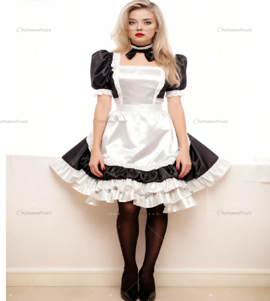 

Kawaii Black And White Maid Dress Sexy Short Satin Evening Dress 2026 Tiered Ruffles Chic Gothic Lolita Cosplay Dress Cocktail