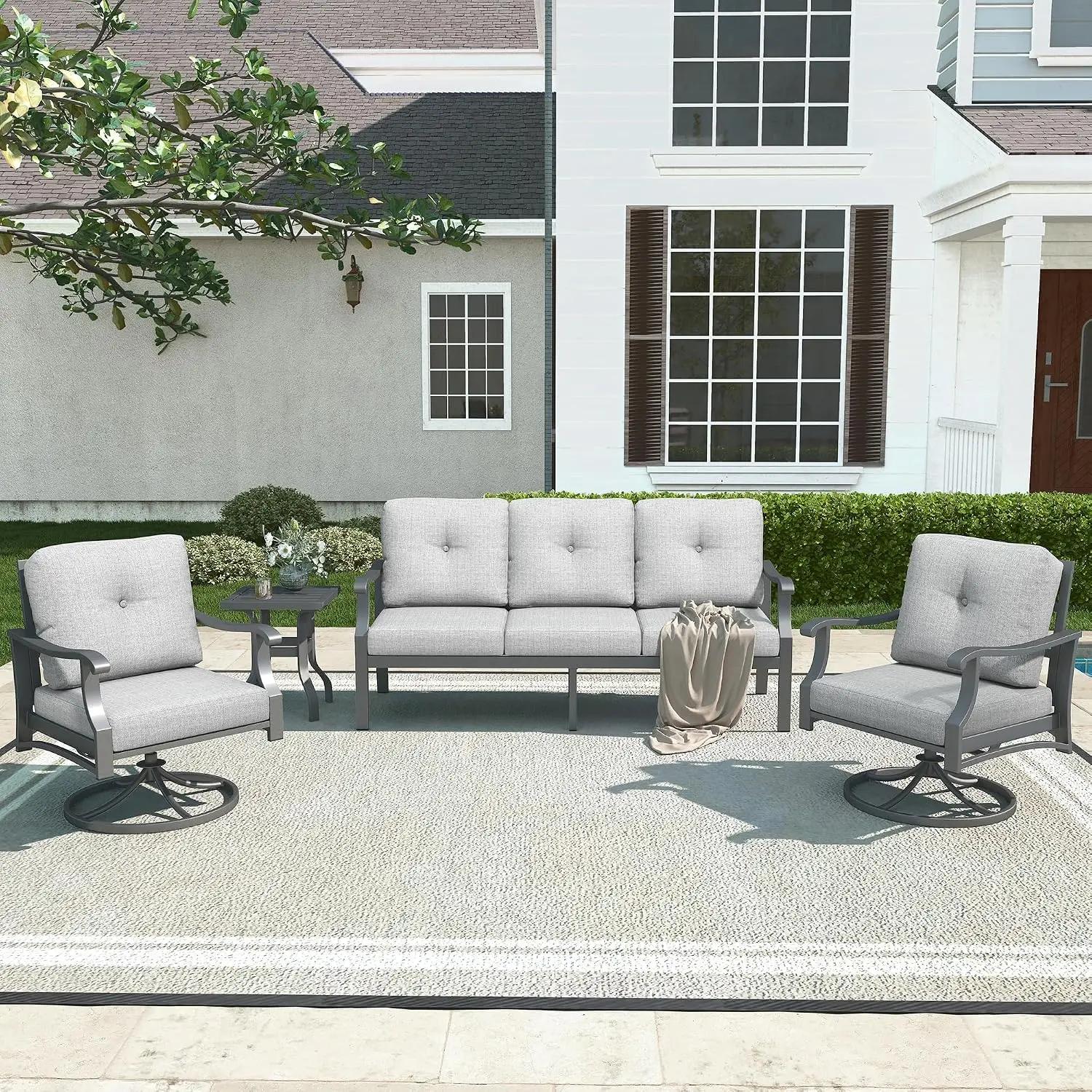 Aluminum Patio Furniture Set w/3-Seat Sofa, 2 Swivel Rocking Chairs & Side Table, 5