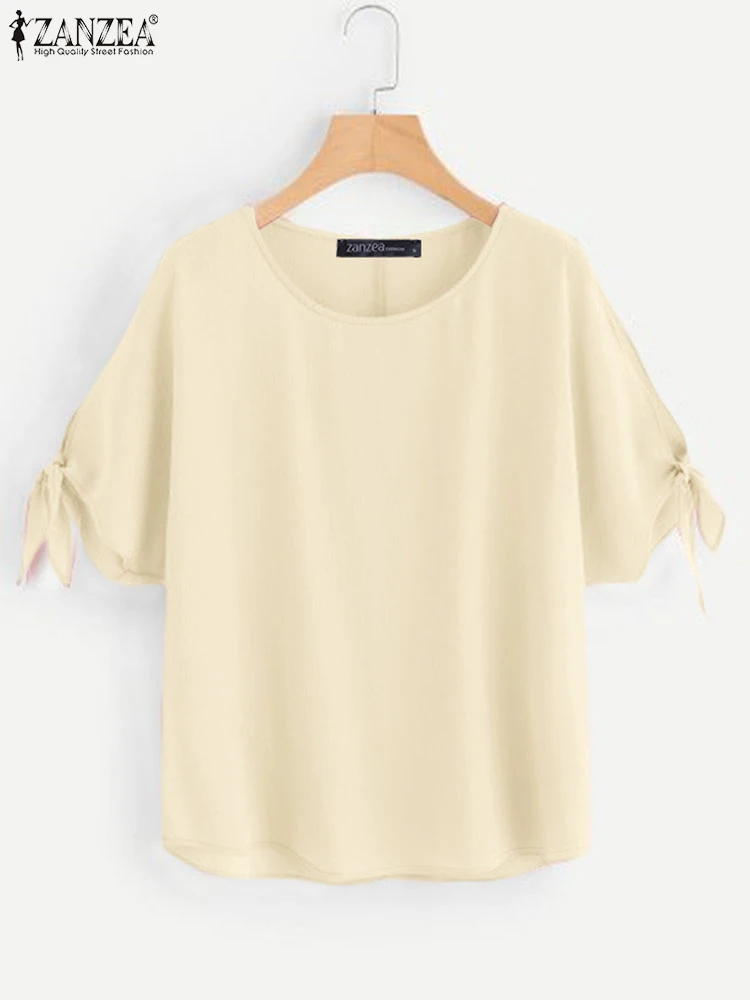 Zanzea Elegante Vrouwen Blouses Streetwear 2025, Zomer Mode Ronde Hals Gebonden Uitsparing Bladerdeeg Mouw Blusas Mujer Effen Kleur Tops