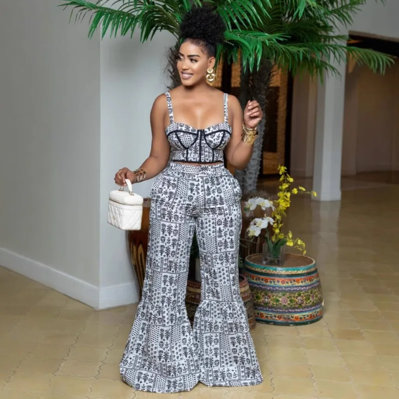 

Floral Print Two Piece Outfits Woman Sexy Club Party Holiday Spaghetti Strap Crop Top and Flare Pants Suit Conjuntos Elegantes