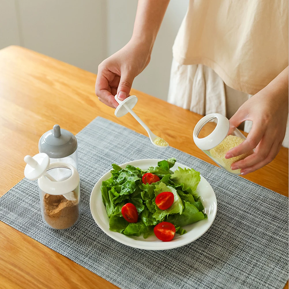 

2Pcs Plastic Seasoning Container with Lid Spoon Kitchen Spice Jar Set Salt Sugar Pepper Holder Plastic Spice Jar Set
