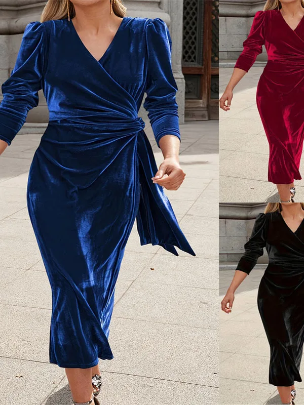 

Сексуальный V-Ne с застежкой на талии для похудения Long Sve Dr, женский трикотаж из полиэфирного волокна со средней талией, базовый Sle Thiened, осенний D...