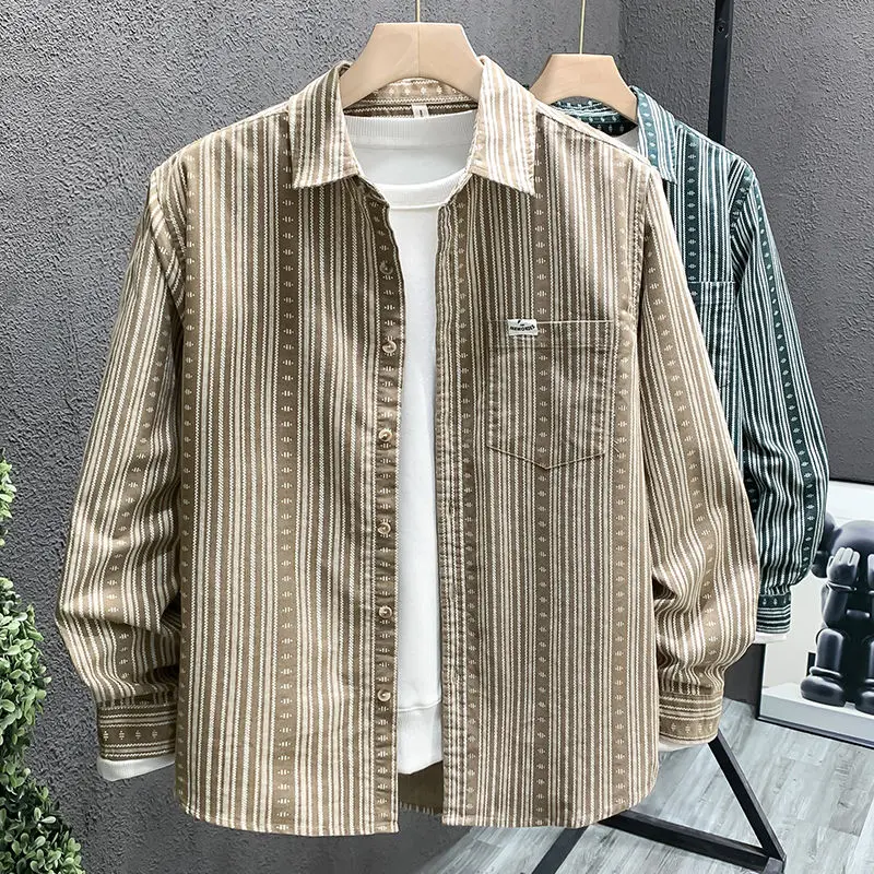 Fashionable Striped Printed Shirts for Men's Spring and Autumn Summer Tops Trendy Literary Casual and Versatile Handsome Shirts