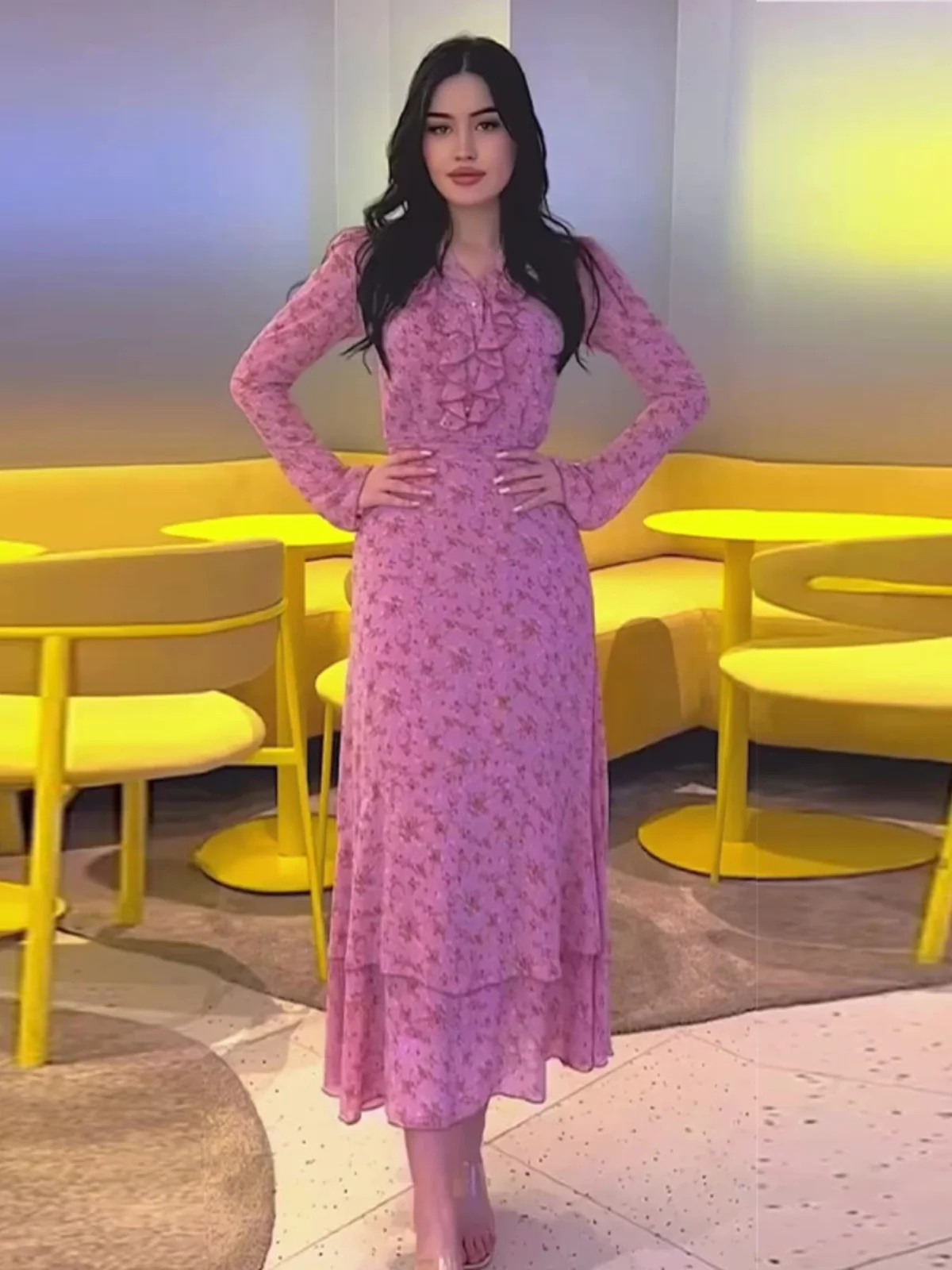 Ele col en dentelle imprimé taille Dr Faionable imprimé fleuri minceur jupe longue tissu Polyester régulier Sve rond Ne