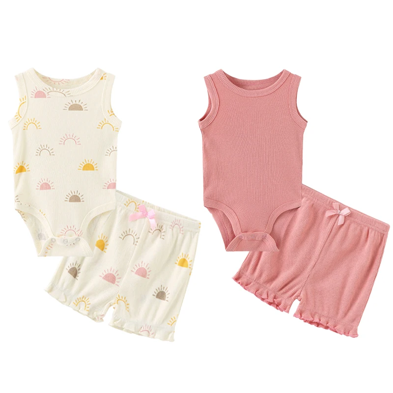 4Pcs Cartoon Cute Baby Girl Clothing Set 100%Cotton Sleeveless Bodysuits+Shorts Clothes 0-12M Infant Multi-piece Suit