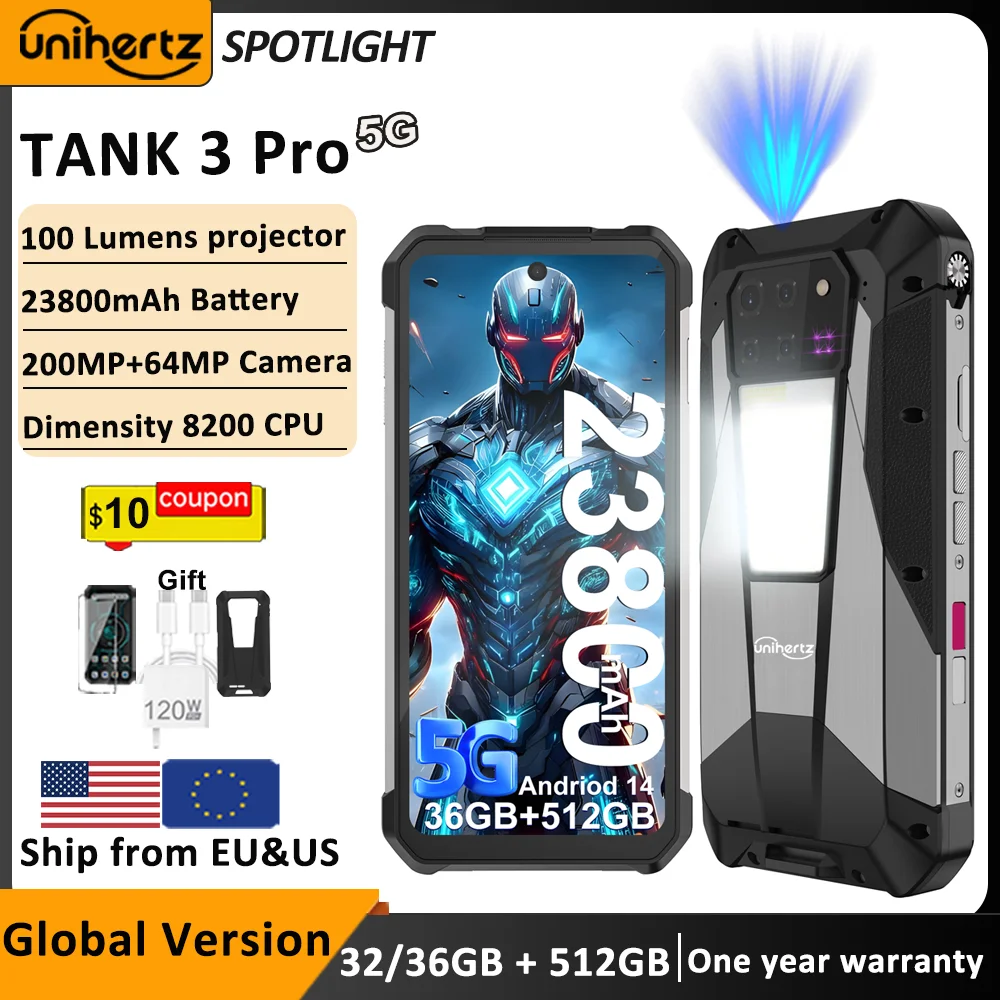 

Unihertz Tank 3 Pro 8849 Rugged 5G Smartphone Android with 100 Lumens Projector 32GB 512GB 23800mAh 6.79" FHD Waterproof Phone