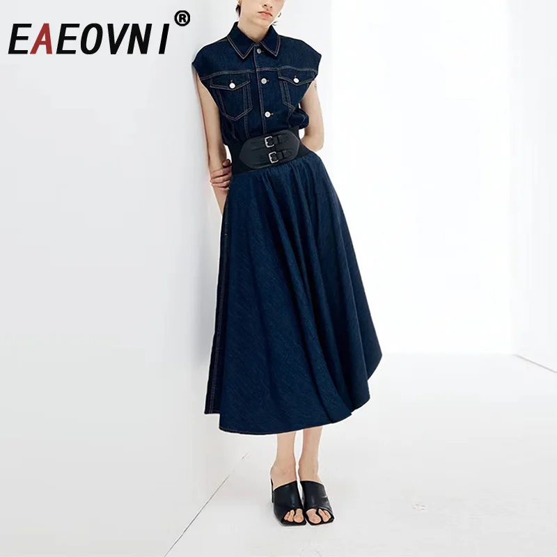 

EAEOVNI 2025 Summer Fashion Denim Set Women Sleeveless Button Blouse + Belt High Waist A Line Fold Skirt Elegant New Clothing