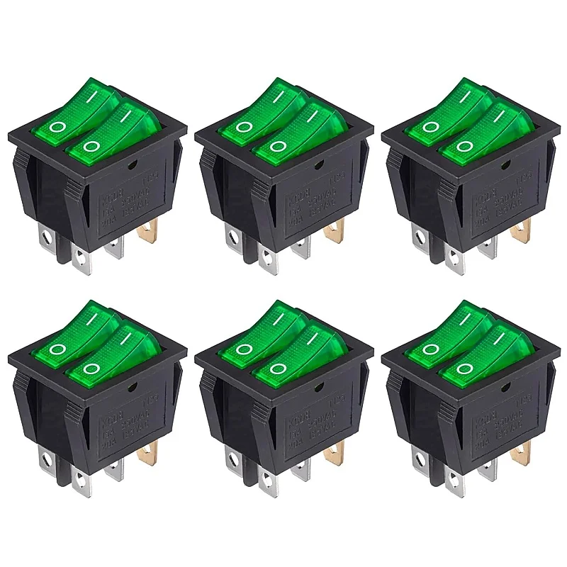

6PCS Double Rocker Switch 15A 250VAC 20A 125VAC Double Green Light 6 Pins On/Off Button Switch SPST Built-in Switch Embedded
