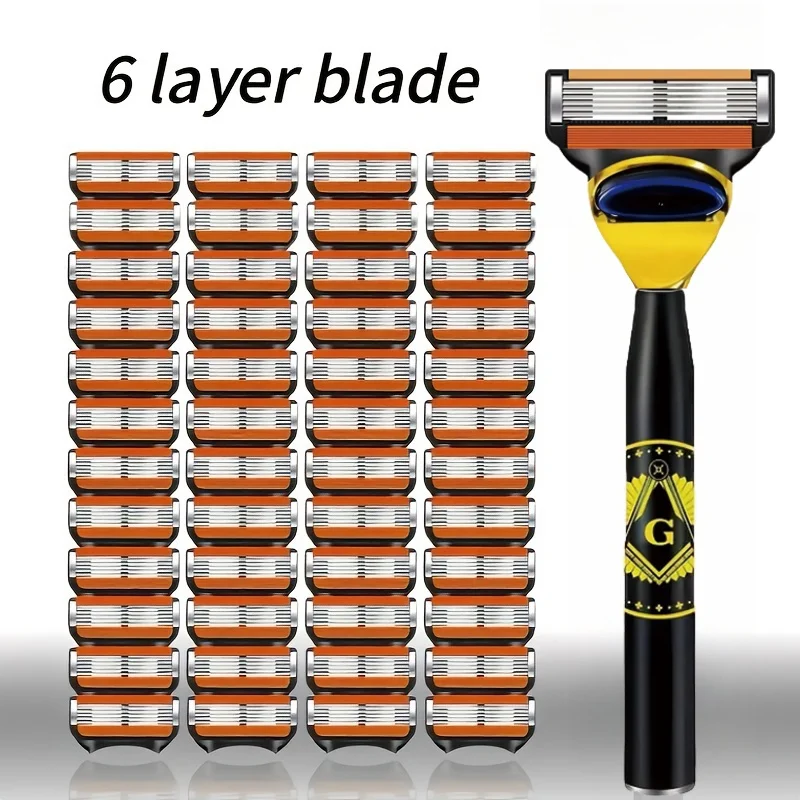Men'S 6-Layer Manual Safety Razor with Stainless Steel Blades - Reusable, Smooth Shaving & Easy Cleaning, Ergonomic