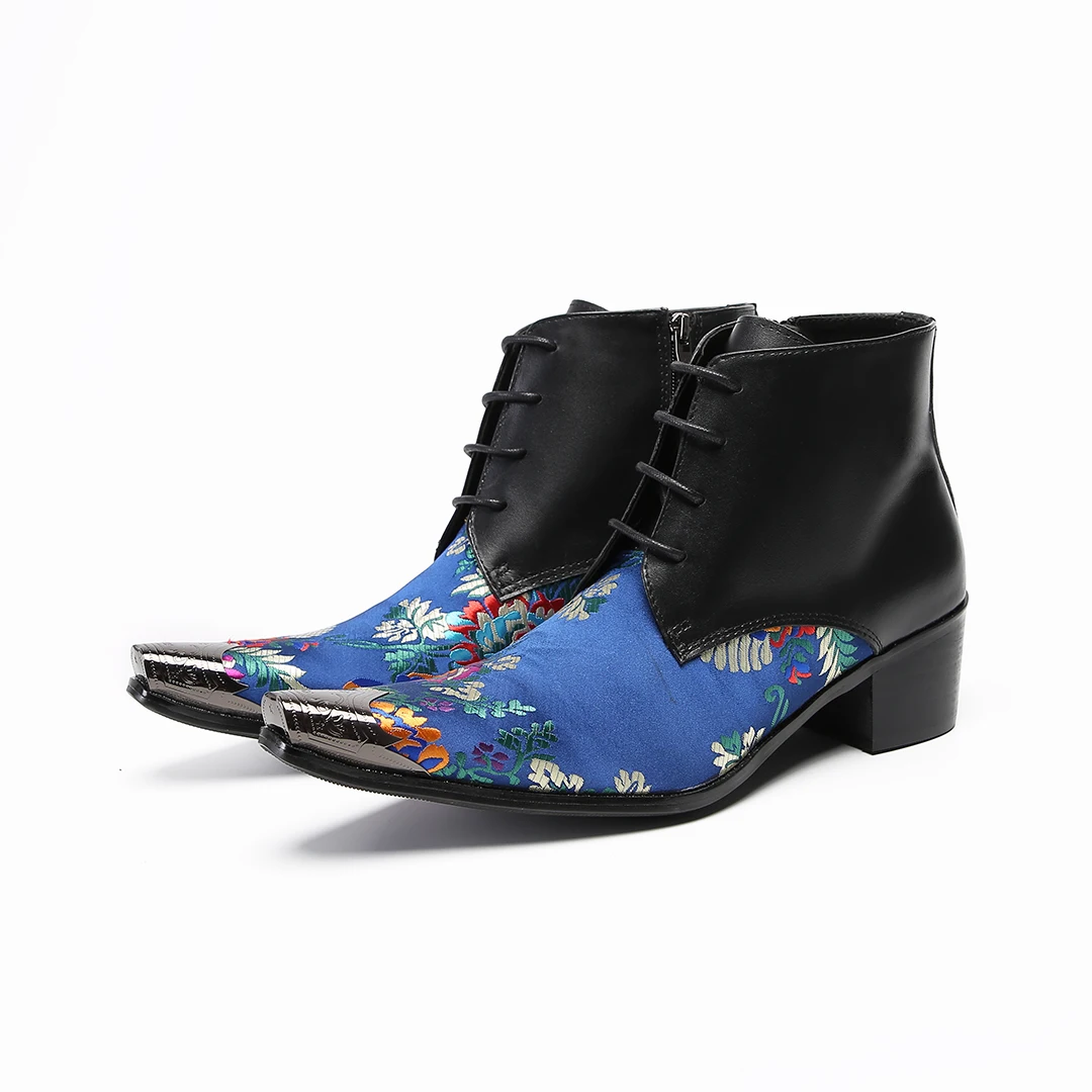 Fashion Flower Embroidery Pointed Toe Ankle Boots Plus Size Genuine Leather Short Boots Men Lace Up Wedding Party Dress Boots