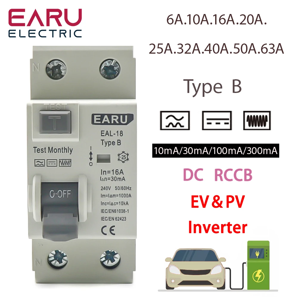 

2P 10/30/100/300mA Electric Vehicle EV Charging Pile Residual Current Breaker DC RCCB RCD Type B 6KA Din Rail Earth Leakage