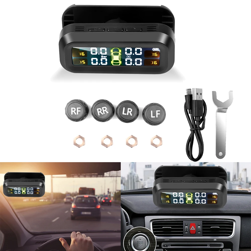 

Solar TPMS Tire Pressure Monitoring System 4 Sensors Solar and USB Charging LCD Display Suitable for Car RV SUV MPV and Sedans