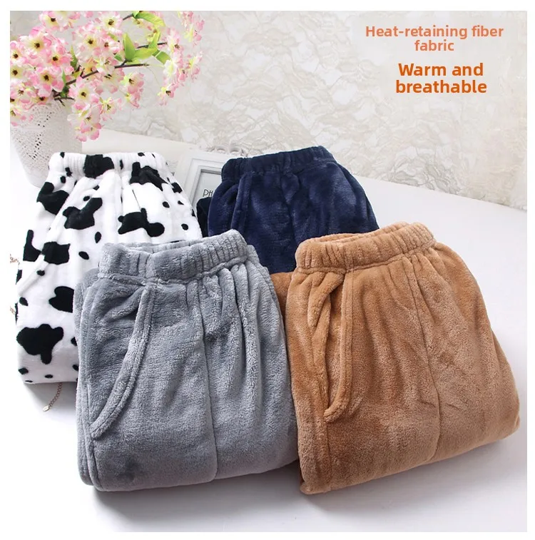 Thickened Flannel Home Pants Men's Sleepwear Leisure Loose plus Size Warmth Emitting Long Trousers Coral Fleece High Waist