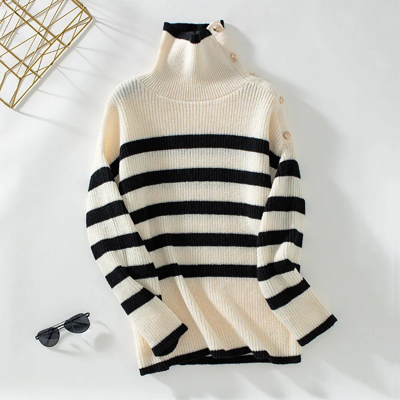 Striped collar pullover women's European and American women's knitted sweater autumn and winter new casual button sweater