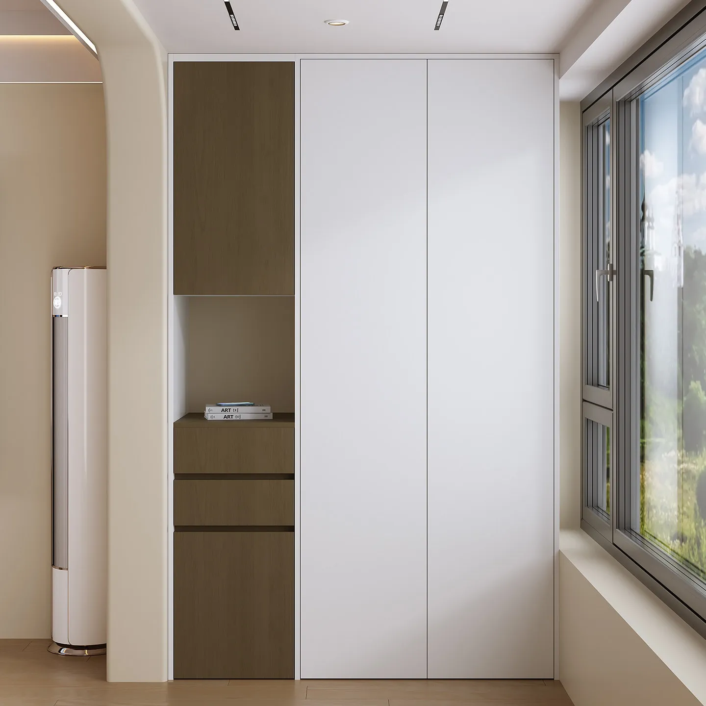 Minimalist style bedroom through-top wardrobe log color matching household finished  with drawers open compartment