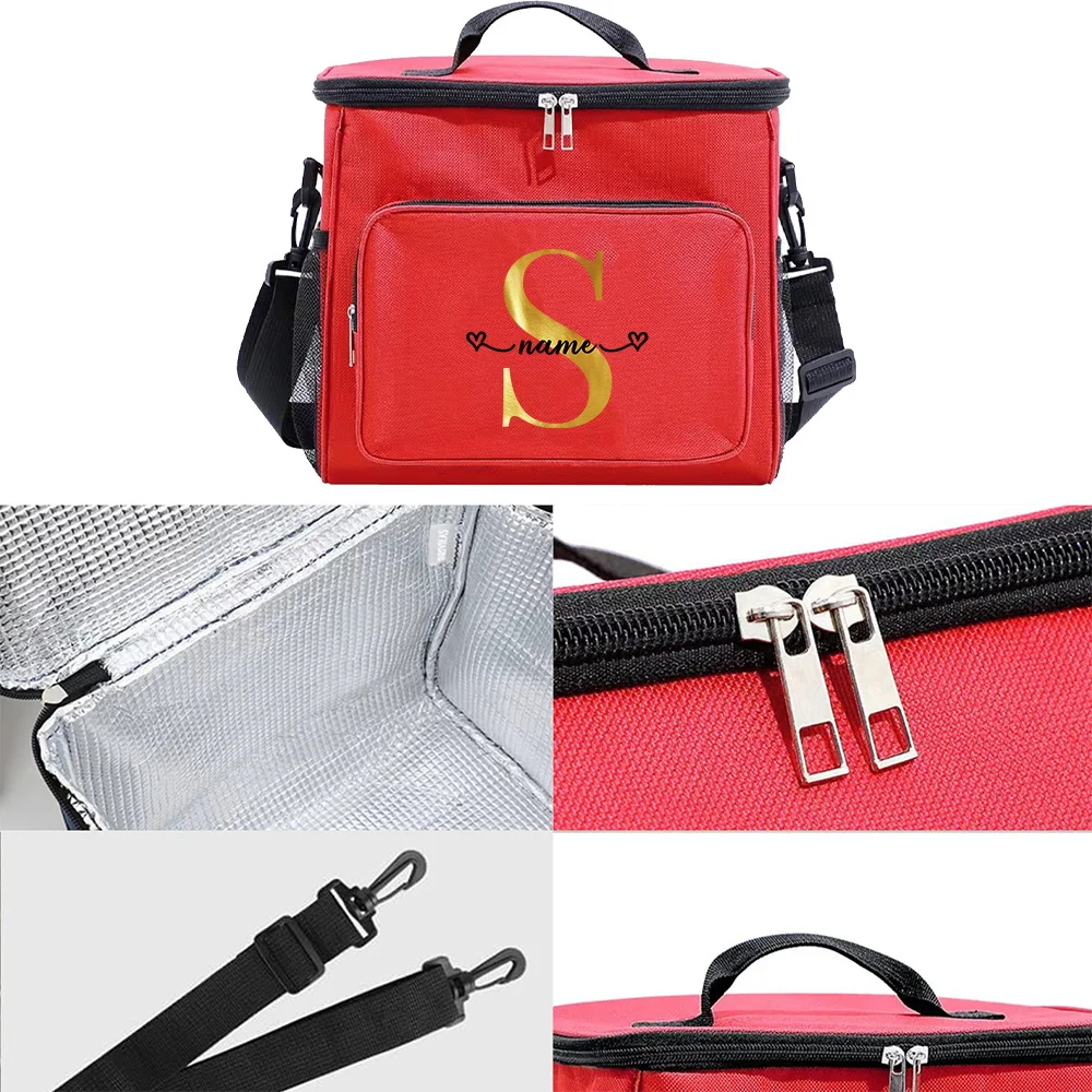 Customizable Name Red Lunch Bag Insulated Handbag Multi Functional Picnic Lunch Box Waterproof Lunch Box Gold Letter Series
