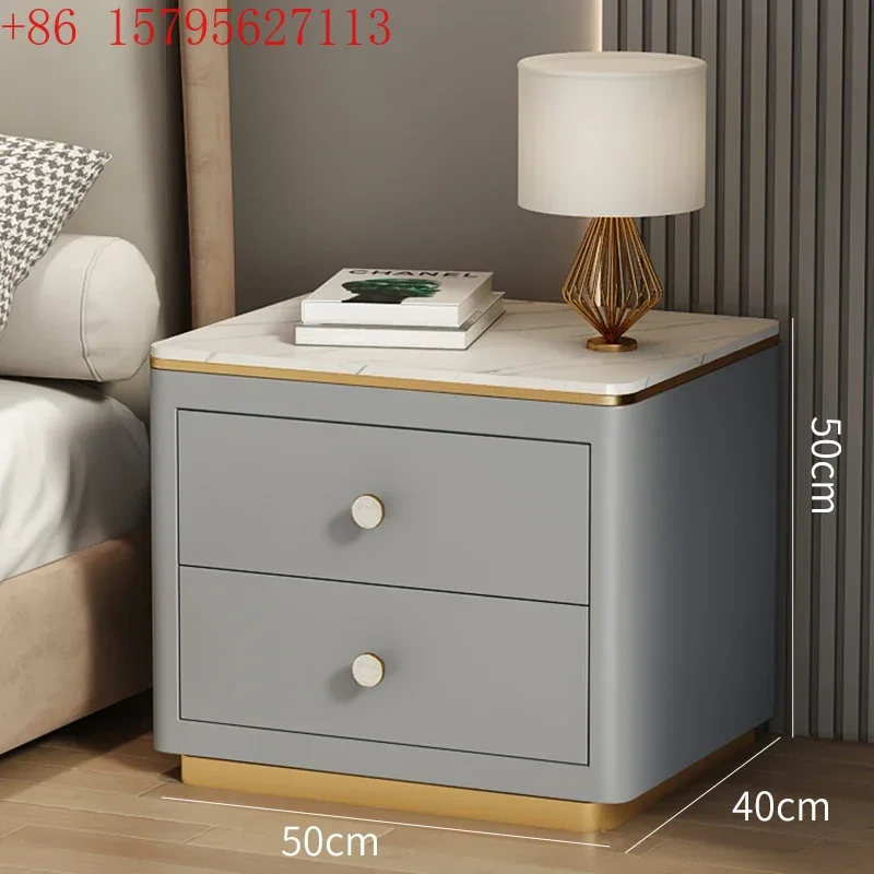 02All solid wood modern simple bedside table, rock slab leather bedroom, storage bedside cabinet