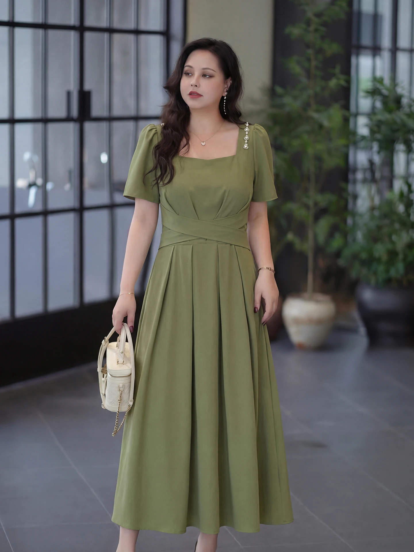 

Dave's plus Size Women's Dress Summer New Style Age-Defying Slimming Beautiful Square Collar Mid-Length A-Line Dress