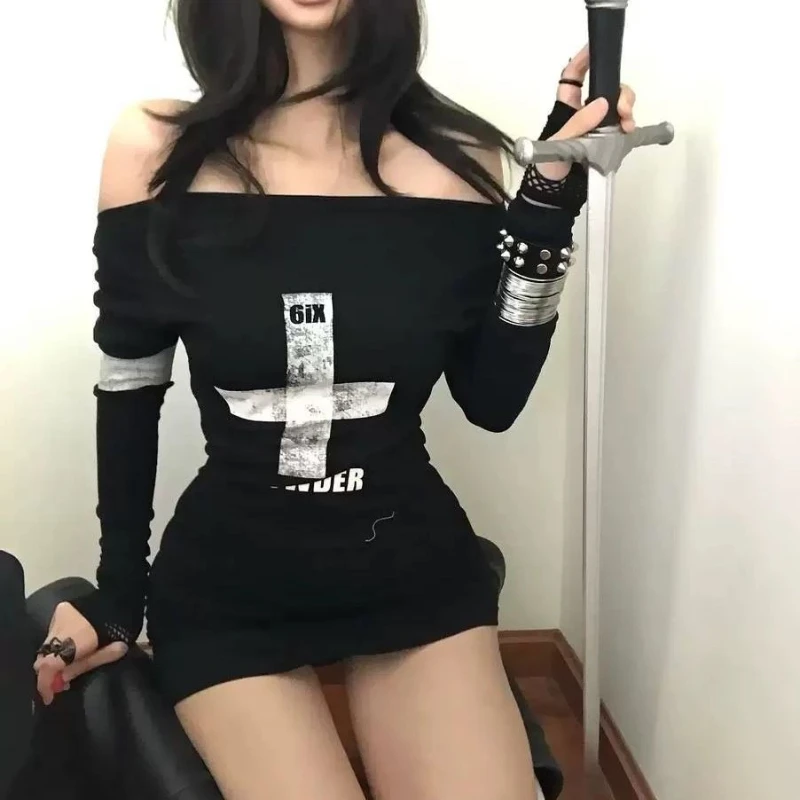 

Женское темное готическое облегающее платье для девочек, осеннее мини-платье Y2k в стиле Харадзюку с перекрестными повязками и принтом, повседневное американское винтажное модное платье