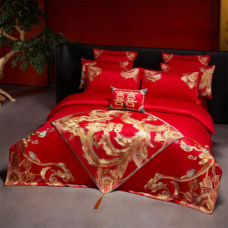 Chinese Style Wedding Dragon Phoenix Embroidery Egyptian Cotton Bedding Set Duvet Cover Bed Sheet Pillowcases With Bed Runner