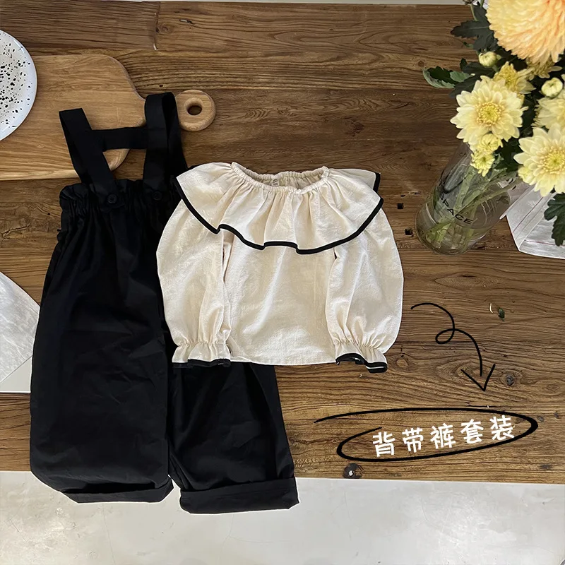 Two Pieces Spring Autumn Baby Girls Clothes White Puff Sleeves Black Border Shirts Blouses Black Sleeveless Kids Overalls Pants