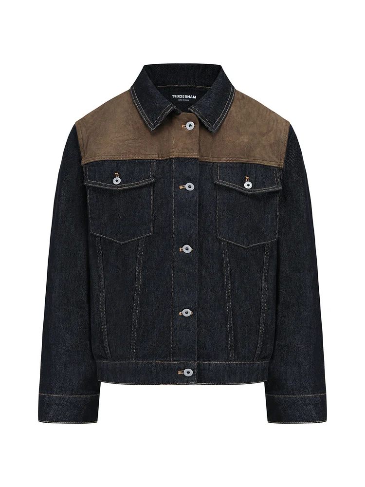 

Американские замшевые лоскутные джинсы в стиле ретро, мужские дизайнерские джинсы с воротником-стойкой и воротником-стойкой, повседневная весенне-осенняя верхняя одежда