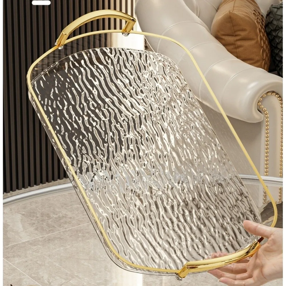 Transparent Clear Luxury Tray Gold Rim Double Handles Storage Tray Rectangular Large Capacity Dining Tea Serving Platter