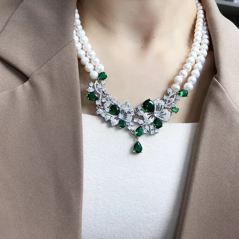 

2 Strands Freshwater Cultured White Pearl Necklace CZ Cubic Zirconia Pave Pendant Handmade For Women