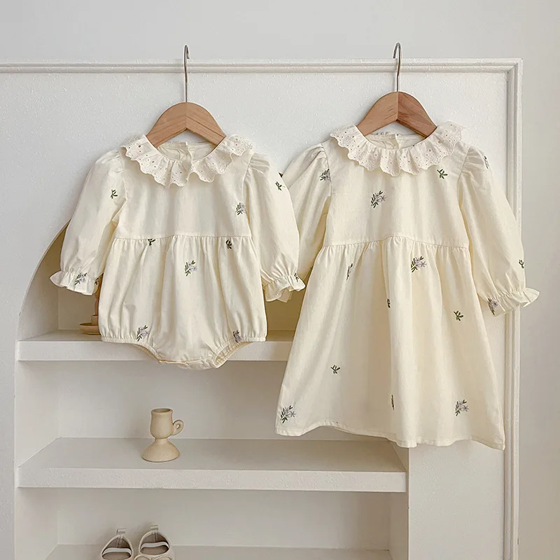 

Baby Girls Romper Matching Outfits Lace Collar Embroidery Dress Twin Outfits for Toddler Floral Print Princess Sister Clothes
