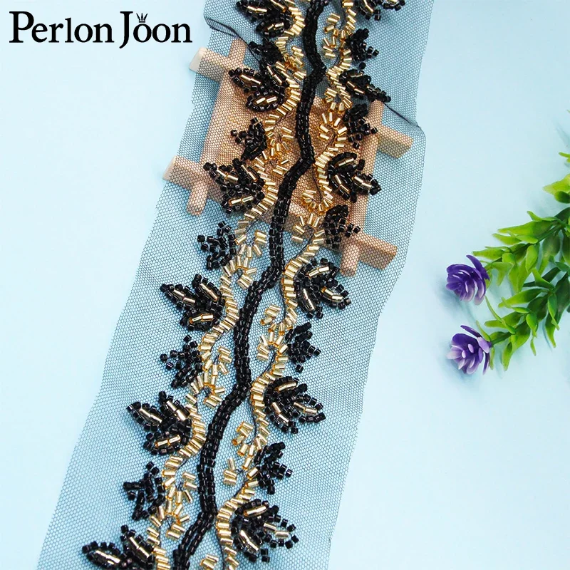 5 Yards Vintage Leaf Shape Black Gold Glass Beaded Imitation Handmade Mesh Lace Trim DIY Sew Decorated for Clothing Coat HB076