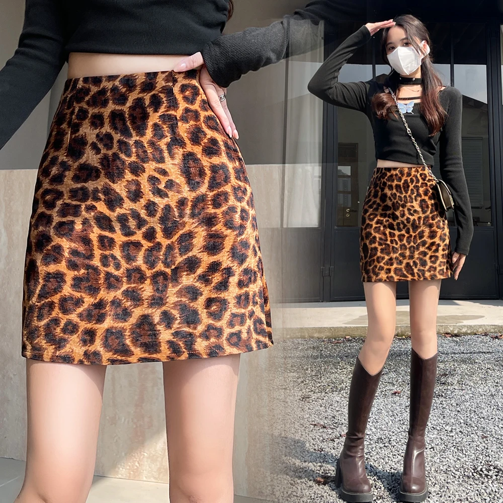 

Autumn Winter Brushed Leopard Skirt Women Sexy High Waisted Short Mini Skirt Vintage