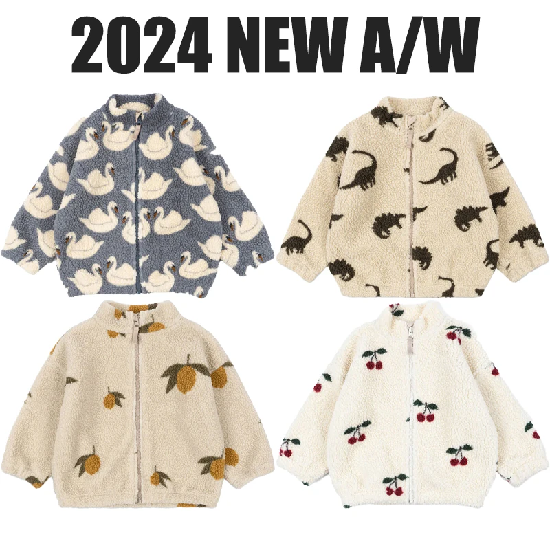 Autumn Winter 2024 New Warm Jacket Girls Lamb Wool Hooded Jacket Boys Swan Printed Cotton Jacket Baby Winter Clothes